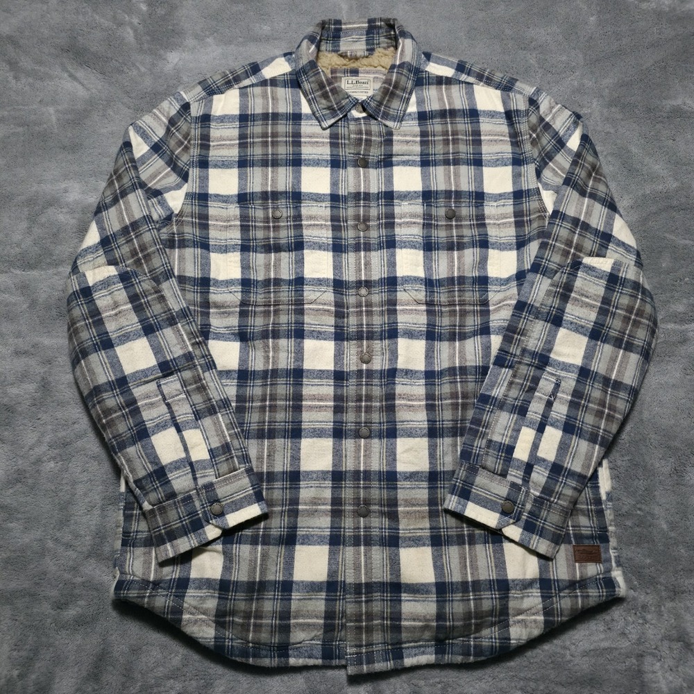 L.L. Bean Jacket Mens Medium Multi Plaid Flannel Sherpa Lined Snap Shirt Shacket